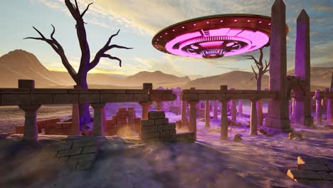 un ovni proyectando luces coloridas, flotando sobre antiguas ruinas de templos con obeliscos en el desierto al atardecer, con un alienígena de pie ocioso y mirando, animación 3d, paisaje animado, cámara dolly derecha