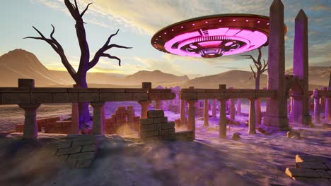 a ufo casting colorful lights, hovering above ancient temple ruins with obelisks in the desert on sunset, with an alien standing idle and looking, 3d animation, animated scenery, camera dolly right