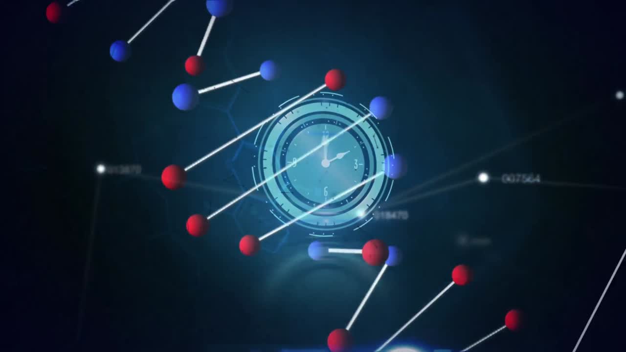 Animation of clock moving and data processing over dna strand
