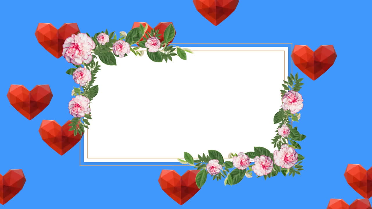 파란 바탕에 떠다니는 빨간 심장 아이콘 위에 복사 공간과 함께 꽃 배너의 애니메이션