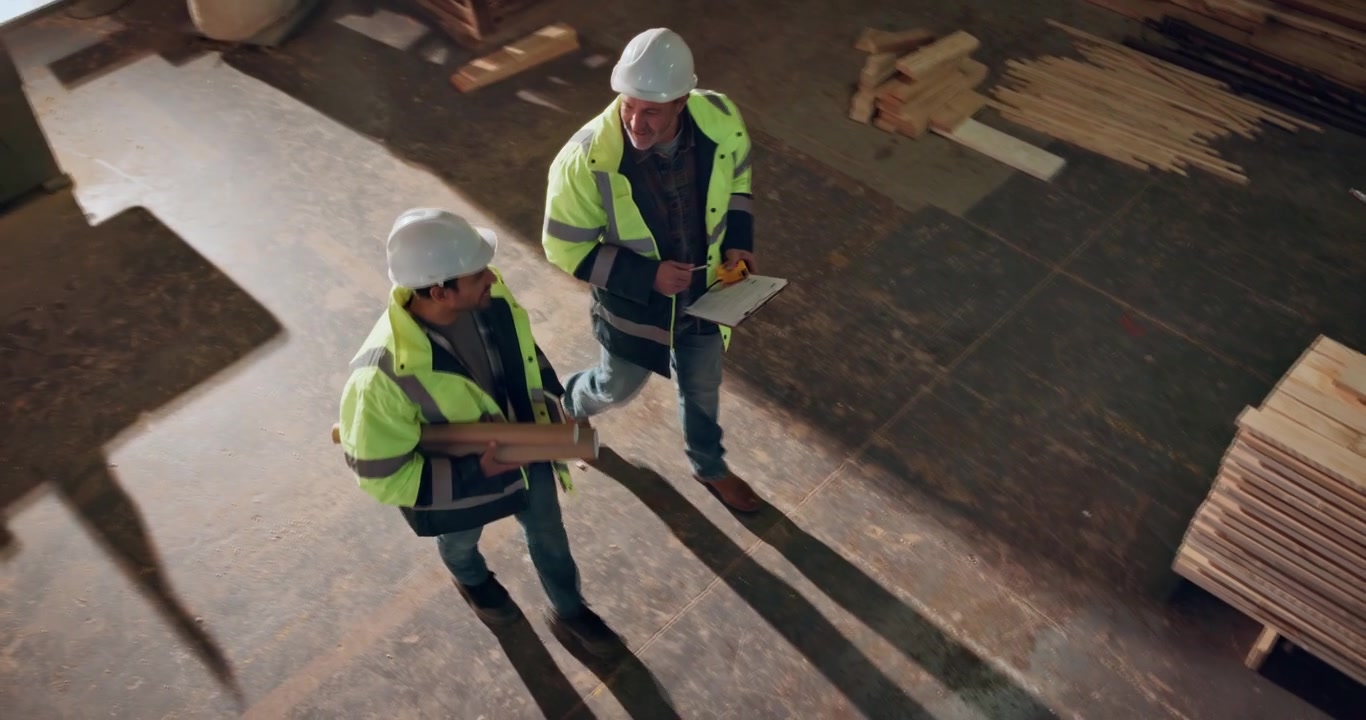 Two Construction Managers Walking Through a Woodworking Workshop