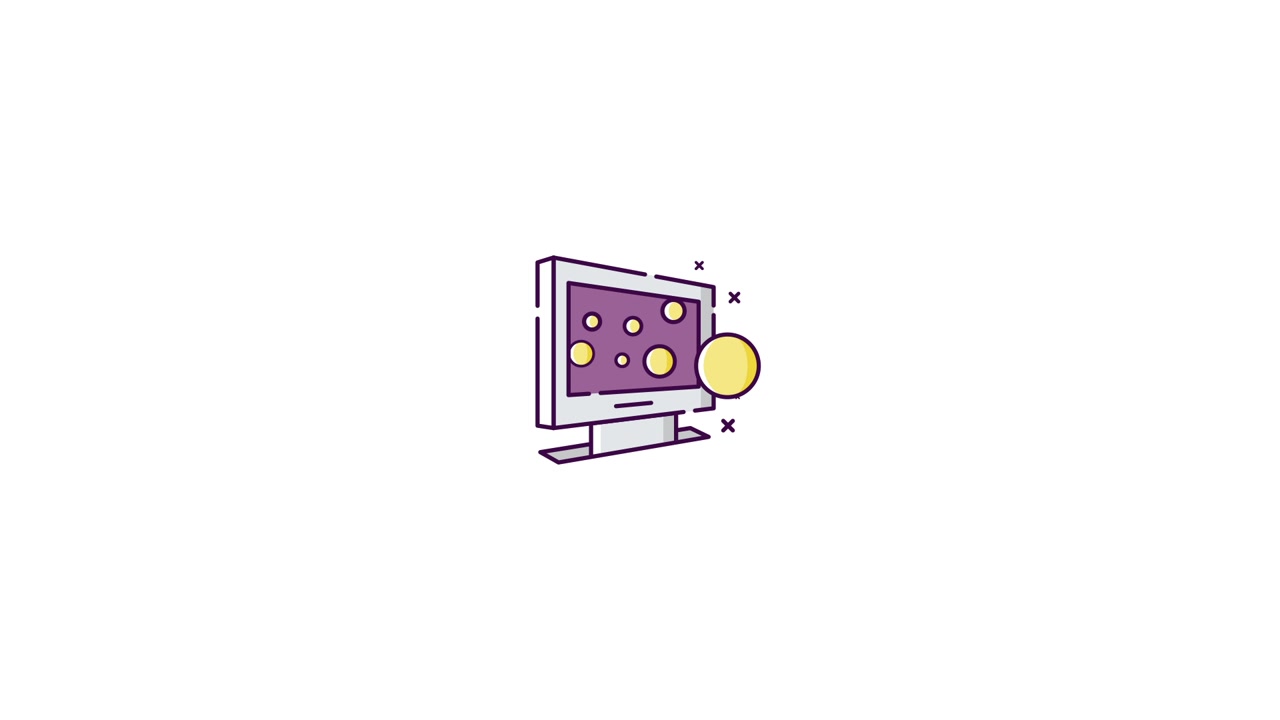 Icono animado de monitor de ordenador con círculos en movimiento y elementos de UI