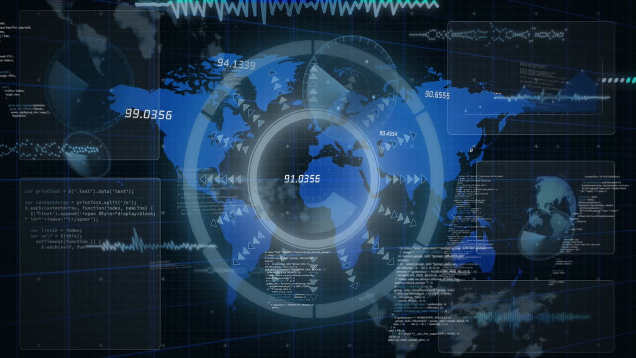 animación de escaneo de alcance y procesamiento de datos y mapa del mundo en fondo negro.