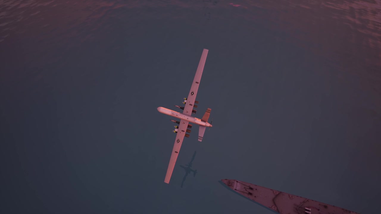 Drone militare armato che sorvola una nave da guerra al tramonto