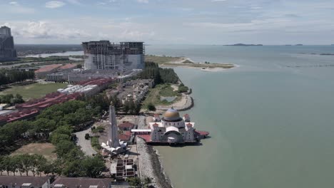 Aerial-orbits-Melaka-Straits--Mosque-on-Malaysia-coast