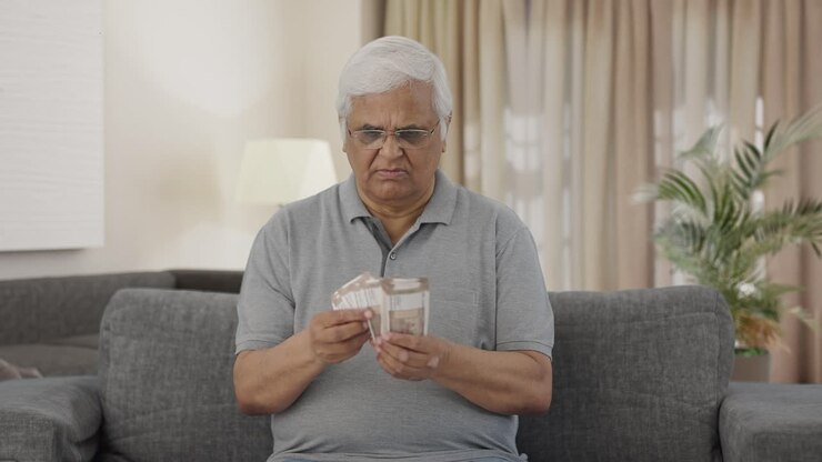 un anciano indio contando dinero.