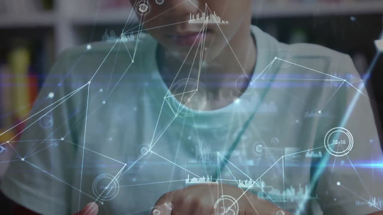 Animation of network of connections with data processing over biracial schoolboy