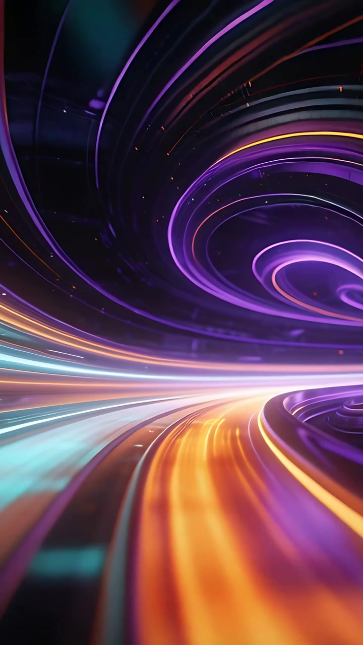 Video verticale: Movimento iniziale della telecamera che scivola attraverso un tunnel al neon verso un vortice con binari ciano e arancioni