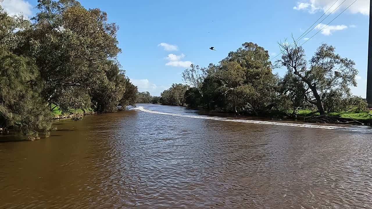 Boats race along a sunlit river under blue skies and tree-lined banks in the Avon Descent