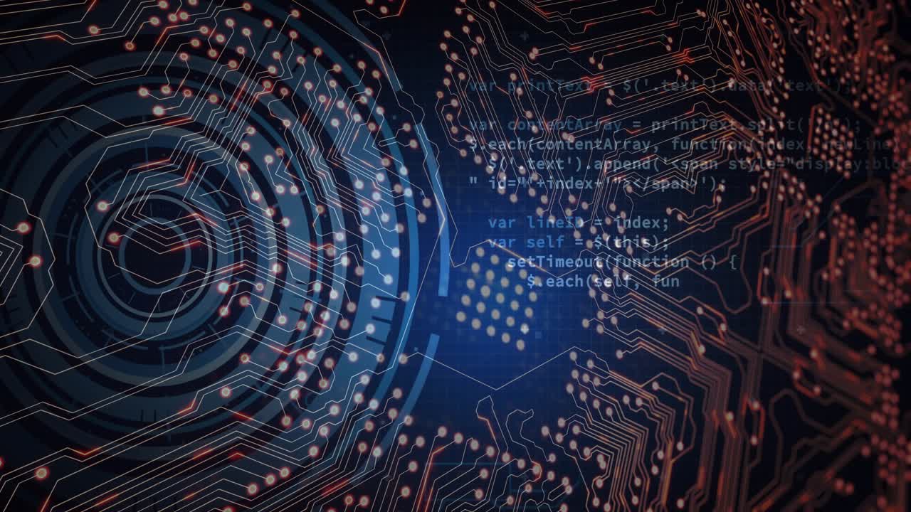 At sequence start showing rings rotating, chip glowing, nodes pulsing, code fading for diagnostics