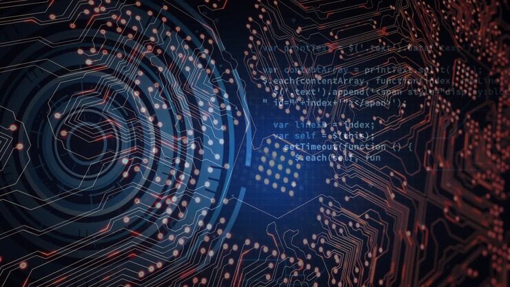 At sequence start showing rings rotating, chip glowing, nodes pulsing, code fading for diagnostics