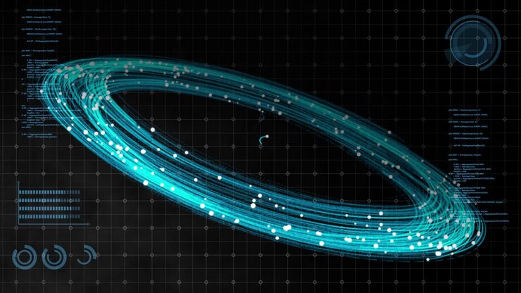 HUD screen futuristic technology background 3D network orbit world internet network connection linking, 3D render high tech digital analyzing digital data concept.