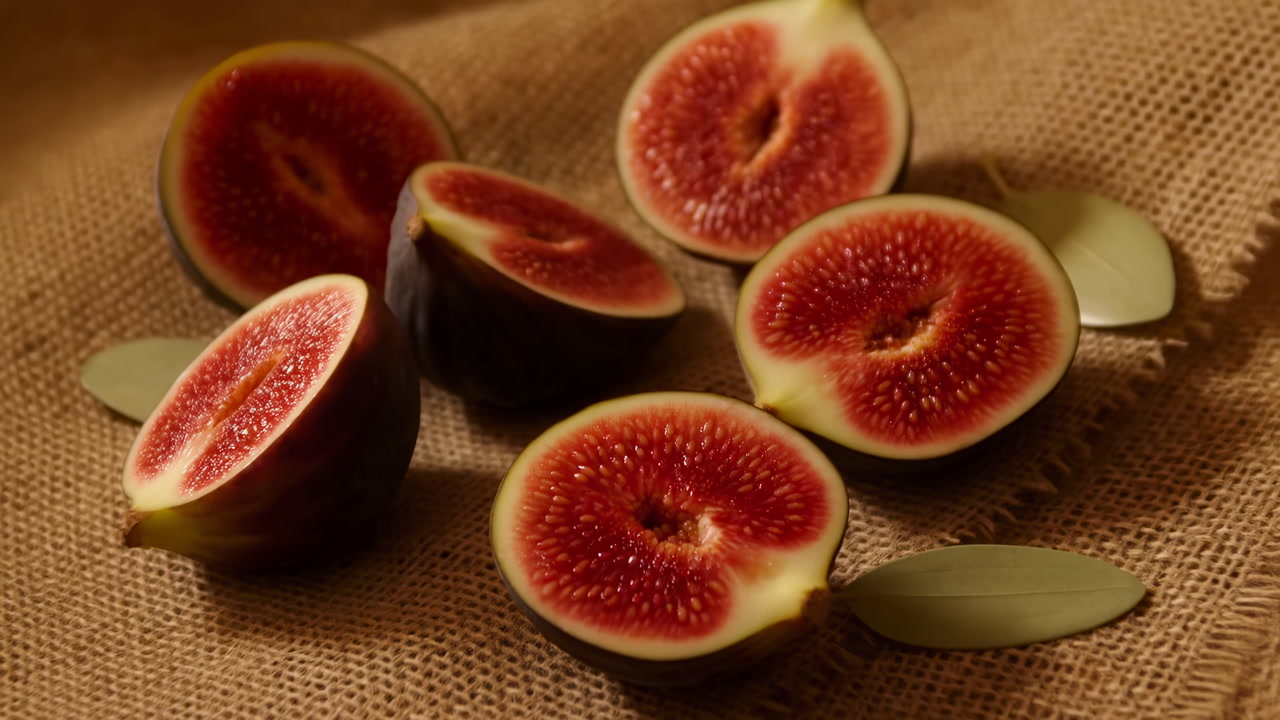 Ripe Figs On Burlap Cloth, Moody Closeup Showcasing Halved Fig Flesh, Scattered Olive Leaves, Warm Studio