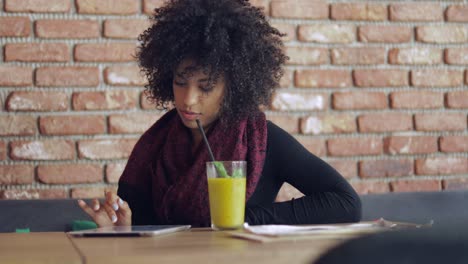 lovely female with tablet and smoothie