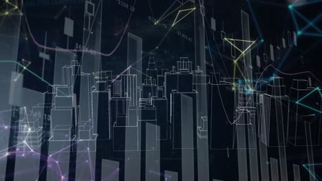 Animation-Des-Netzwerks-Von-Verbindungen-Mit-Datenverarbeitung-Und-Digitaler-Stadt-Auf-Schwarzem-Hintergrund