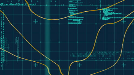 Animation-of-data-processing-over-yellow-lines-on-black-background