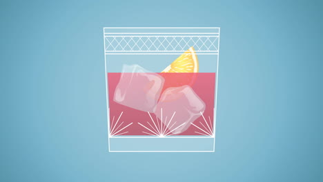 animation of drink with ice and lemon over blue background