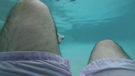 A-medium-point-of-view-shot-of-a-young-man-slowly-kicking-his-arms-and-legs-under-the-surface-of-a-large-body-of-water