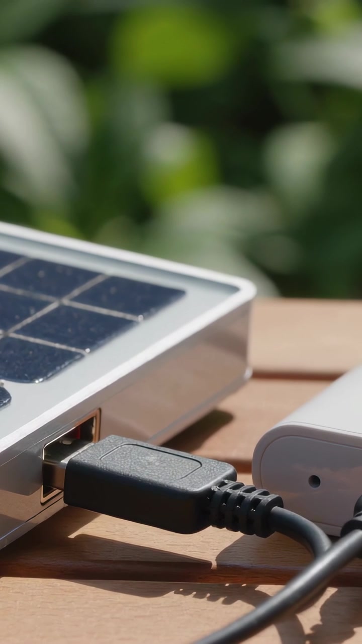 Video verticale: Raggi solari che colpiscono un pannello, cavo USB nero che carica un power bank bianco su un tavolo di legno