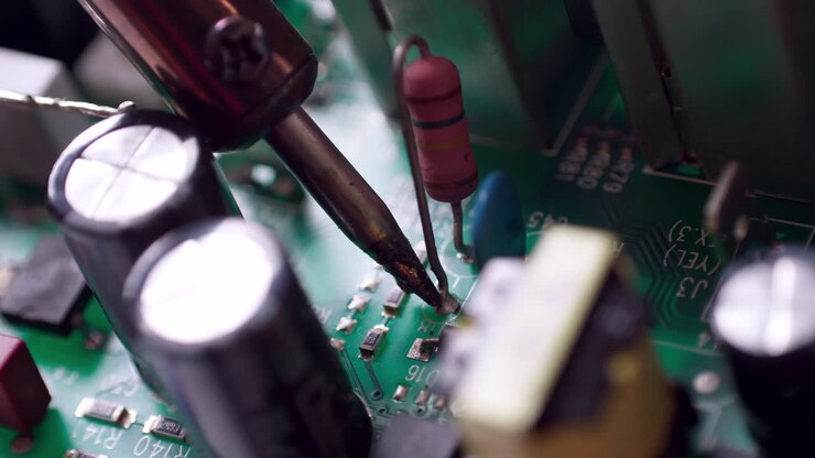 The engineer replaced the IC transistor with a soldering iron on the electrical circuit PCB board to fix device device