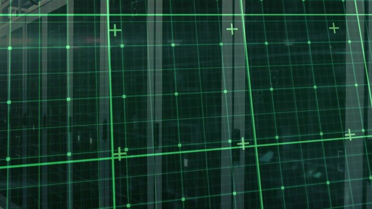 Green grid overlay spanning screen, showing node markers and crosshair symbols, layering bars