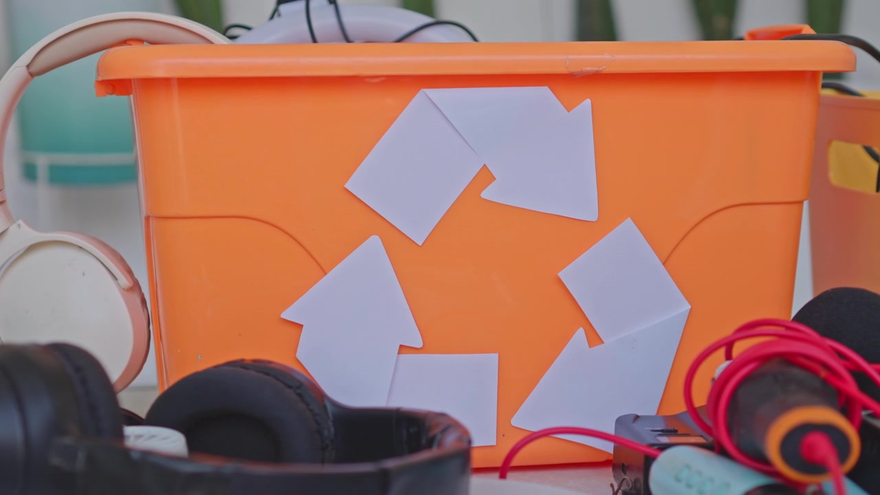 Contenedor naranja con símbolo de reciclaje de papel lleno de aparatos electrónicos y auriculares desechados.