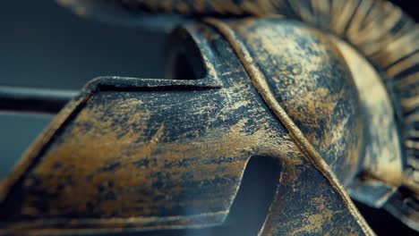 A-vertical-close-up-macro-shot-of-a-spartan-design,-warrior-metal-bronze-helmet,-on-a-rotating-stand,-studio-lighting,-Full-HD-video,-Slow-Motion-120-fps