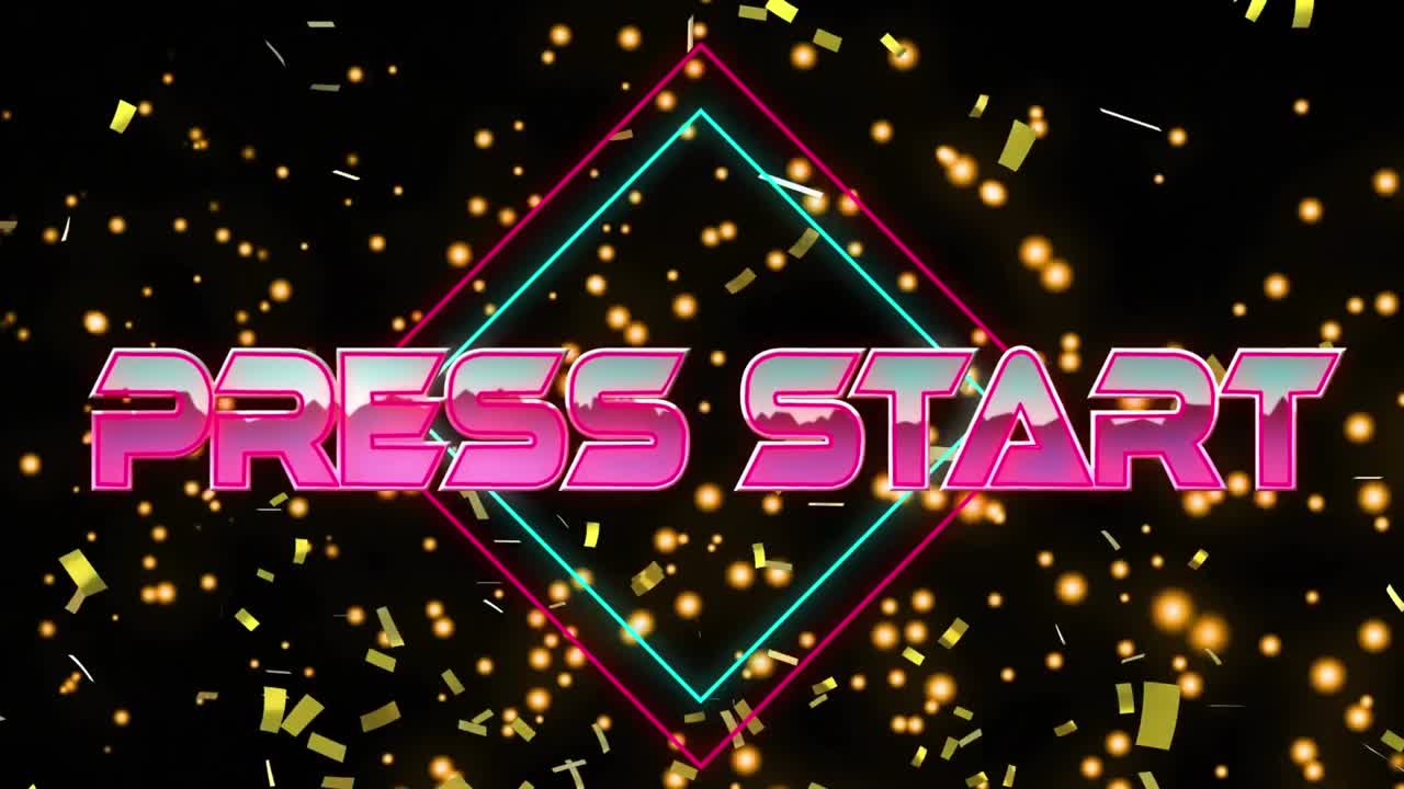 검은색 배경에 네온 선과 콘페티 위에 프레스 시작 텍스트의 애니메이션