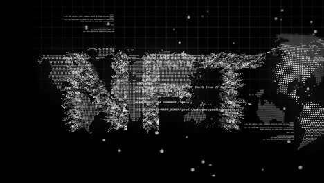 Animation-of-nft-text-over-data-processing-with-world-map-and-globe-on-black-background