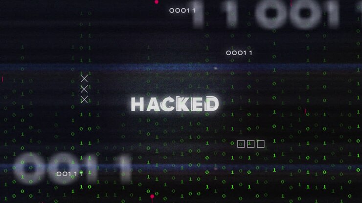 Animation of hacked text and binary coding data processing over circuit board