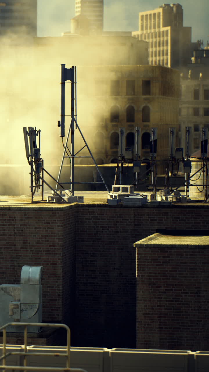 Clouds of smoke rise over rooftops in a busy city during the afternoon