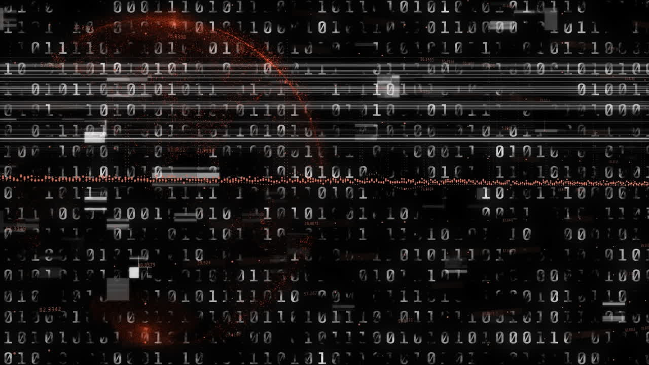 animatie van een blauw computercircuitbord over binaire gegevensverwerking, op zwart