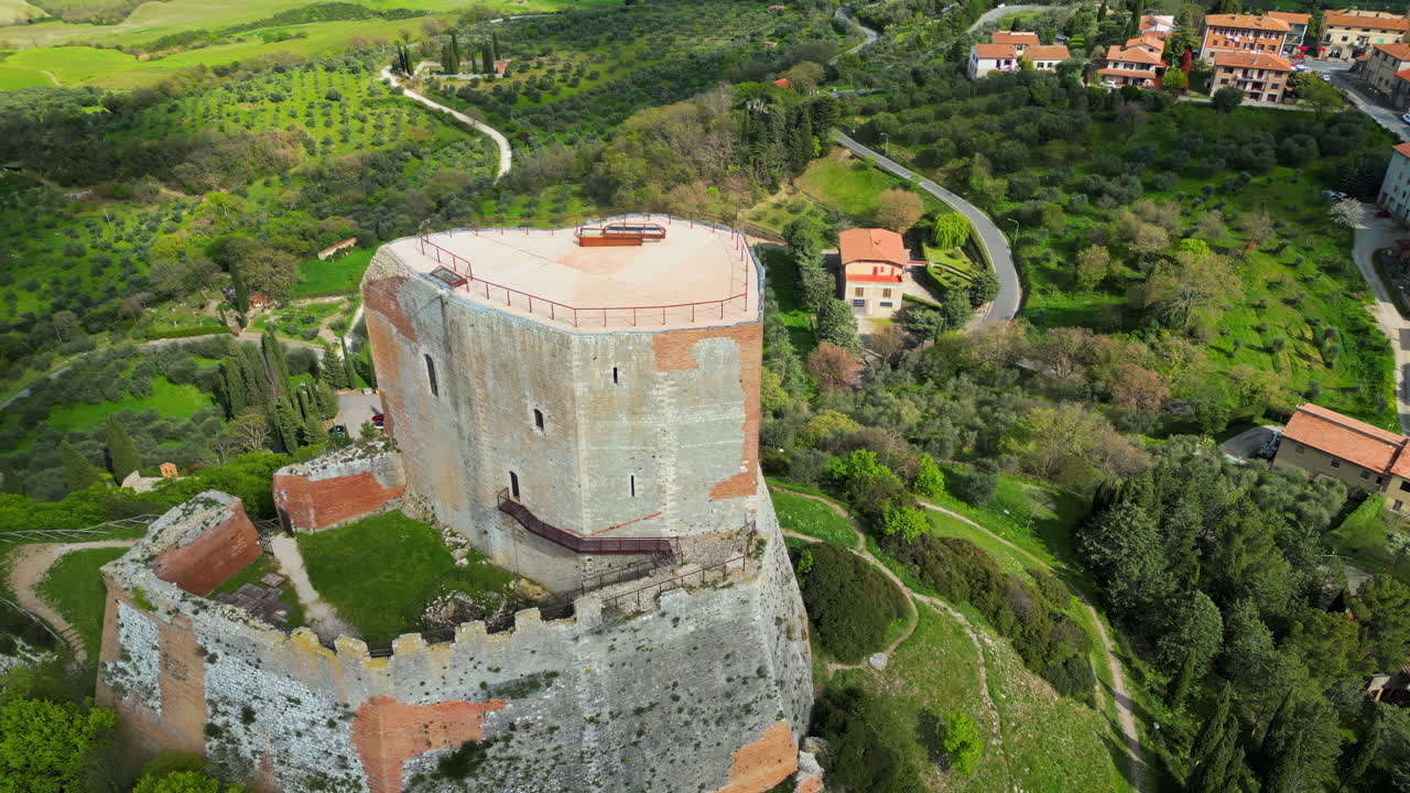 Aerial drone view of the Rocca d'Orcia village in Tuscany, central Italy
