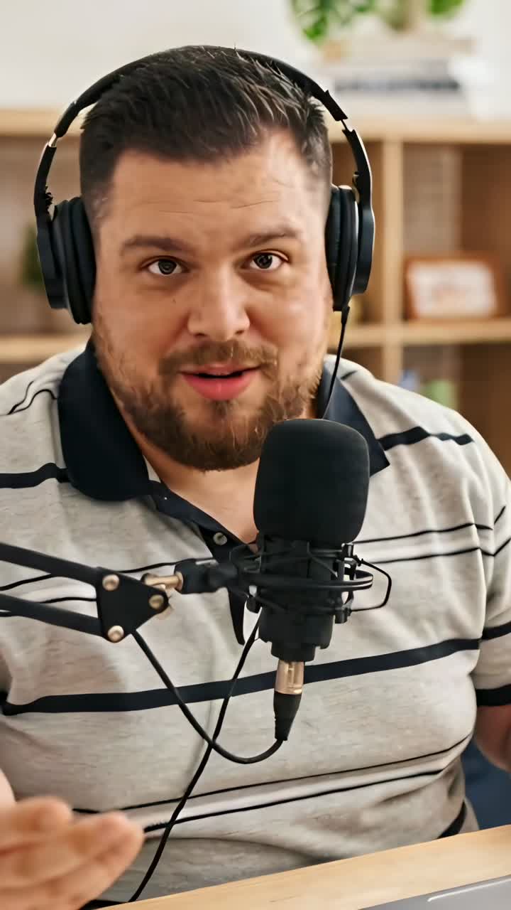 Vertical video: Starting session, host at studio with headset speaking into mic and checking notes