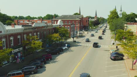 Drone-shot-of-main-shopping-area-in-Downtown-Palmyra-New-York