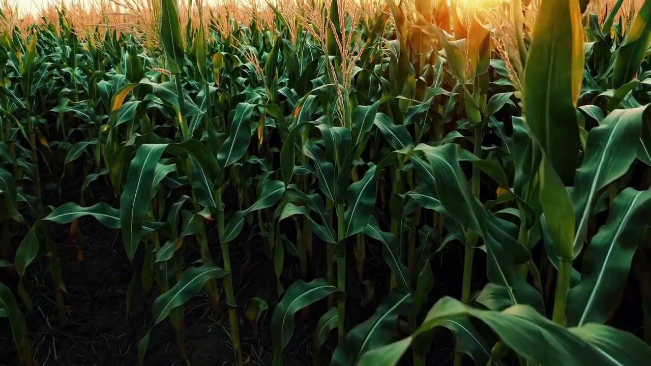 Luce solare che filtra attraverso file di mais verde in un campo