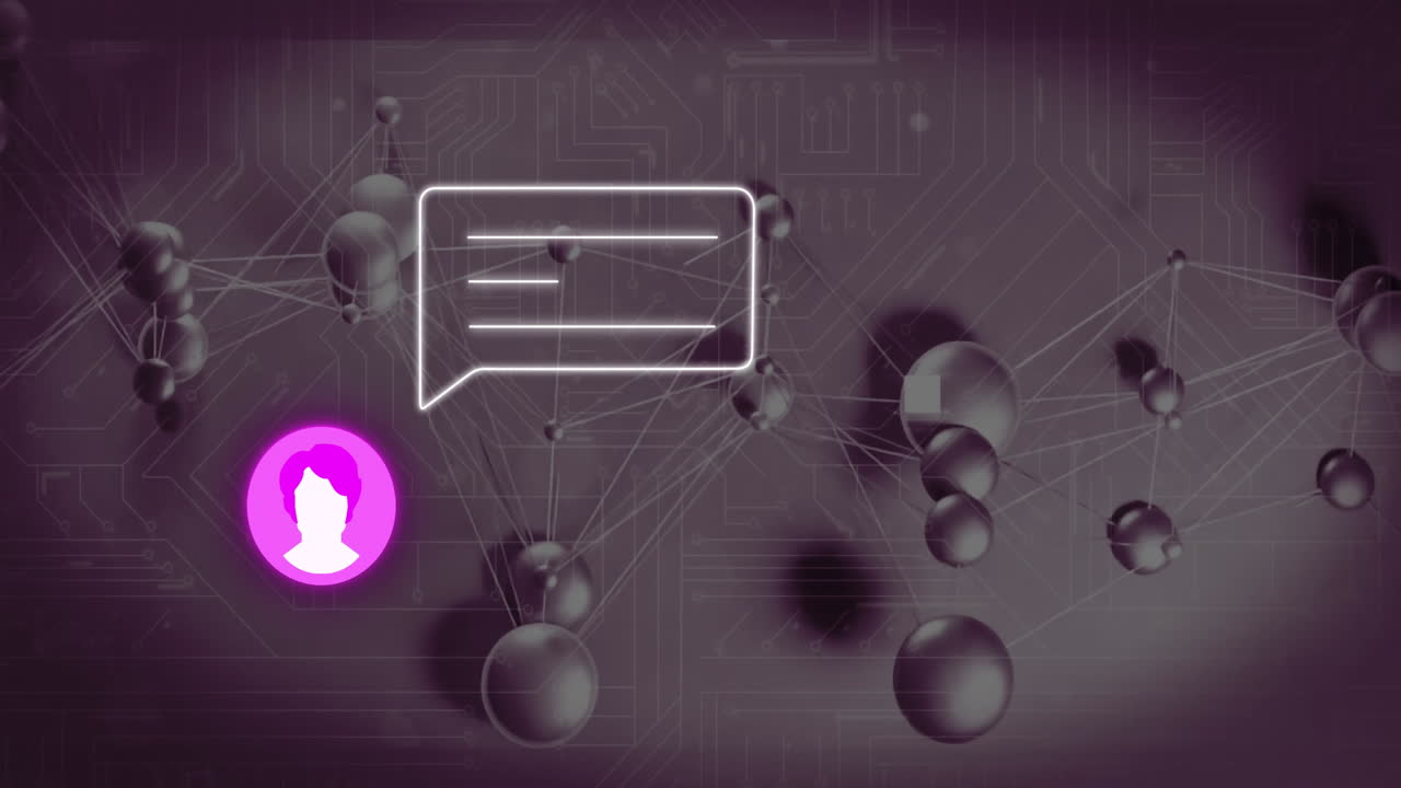 animación de burbuja de chat y icono de usuario en el fondo de la red digital con esferas conectadas