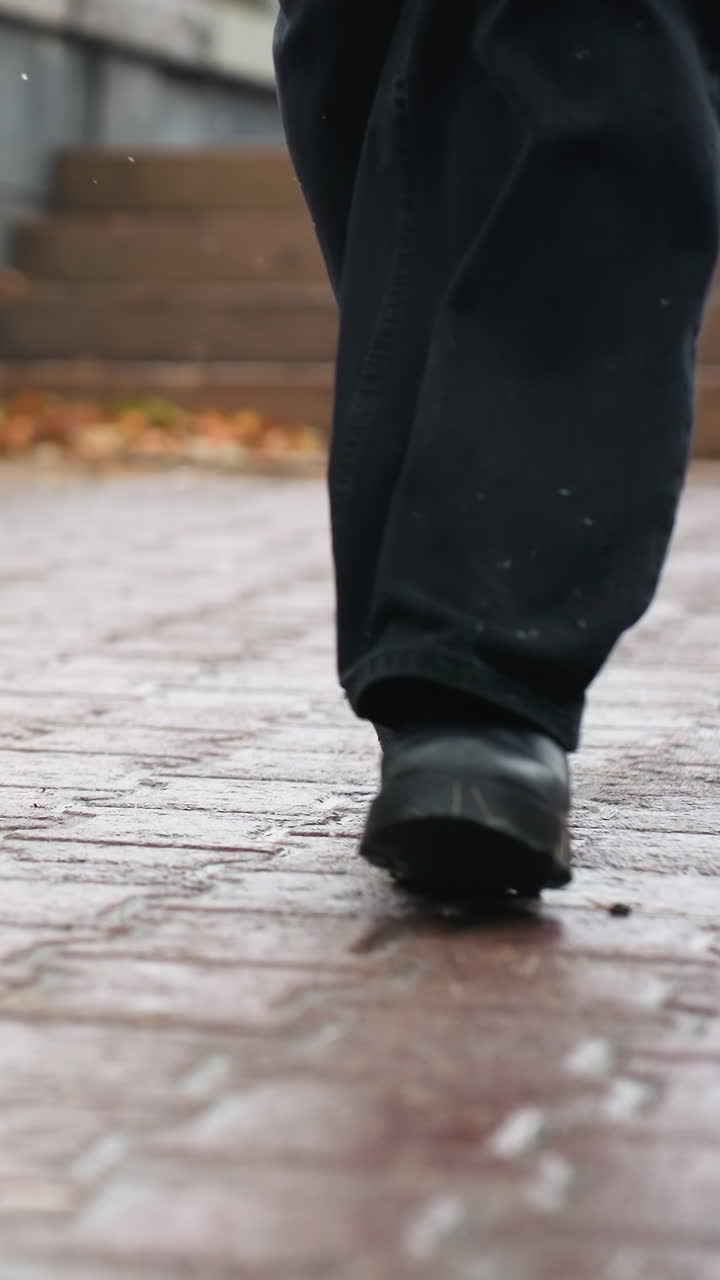 Person's legs walking down stone steps during light snowfall wearing black jeans and black boots, autumn leaves scattered along the path, wet pavement, cold weather, urban setting