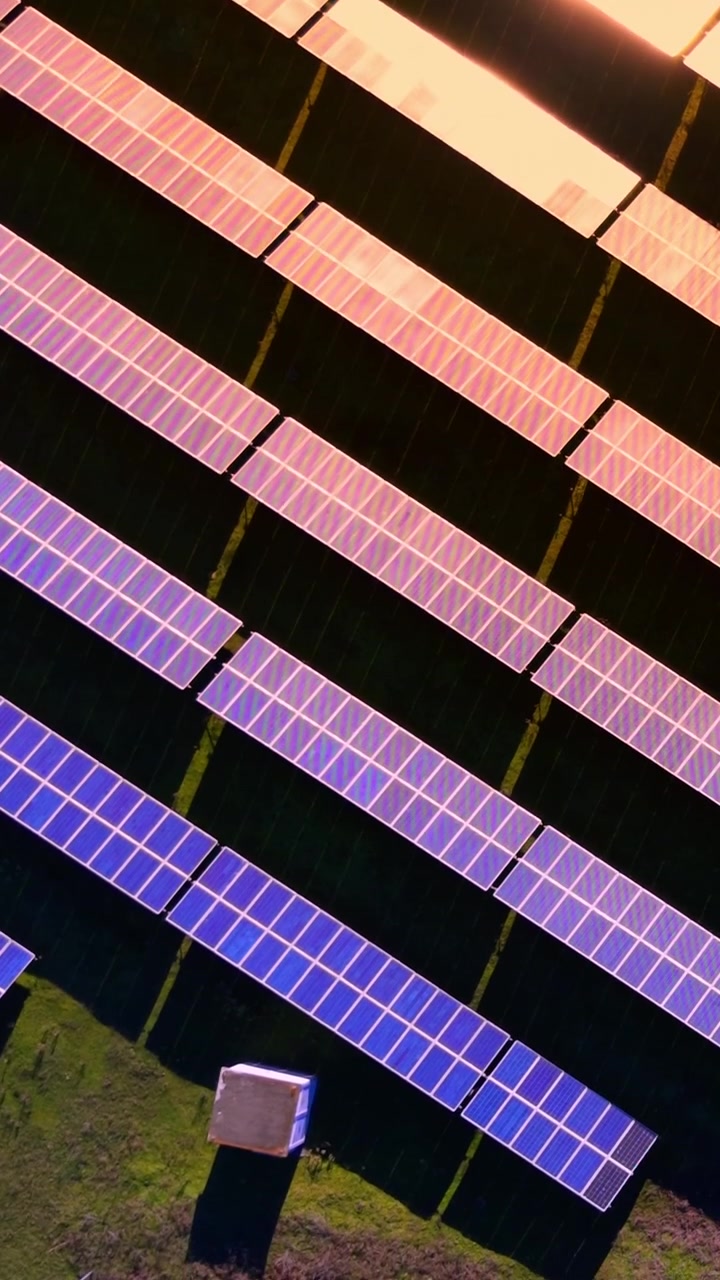 Luce dorata che si riflette sui pannelli solari al tramonto. File di moduli fotovoltaici passano da tonalità rosa a blu sotto il caldo bagliore serale. Video verticale