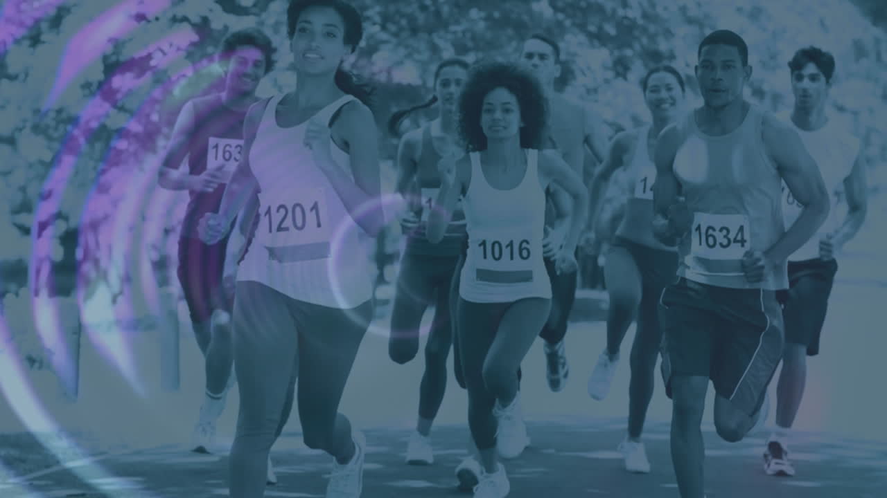 애니메이션 파란색과 보라색 원형 위에 숫자를 가진 마라톤 참가자