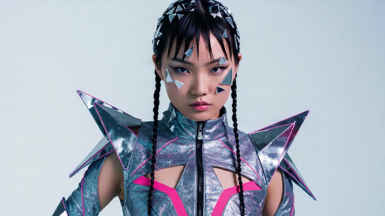Futuristic Fashion Fusion: A Model Exuding Strength and Confidence in a Stunning Metallic Costume with Geometric Patterns and Bold Accessories