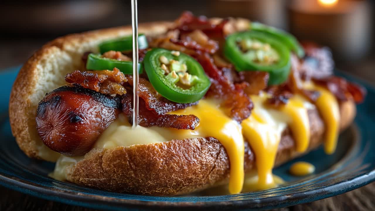 Savor the Richness of a Gourmet Hot Dog: Juicy Sausage Topped with Crispy Bacon, Melting Cheese, Fresh Jalapeños, and Flavorful Garnishes on a Soft Bun