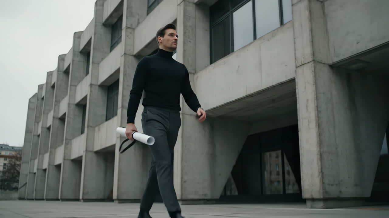 A professional man walks confidently with blueprints in front of a modern concrete building