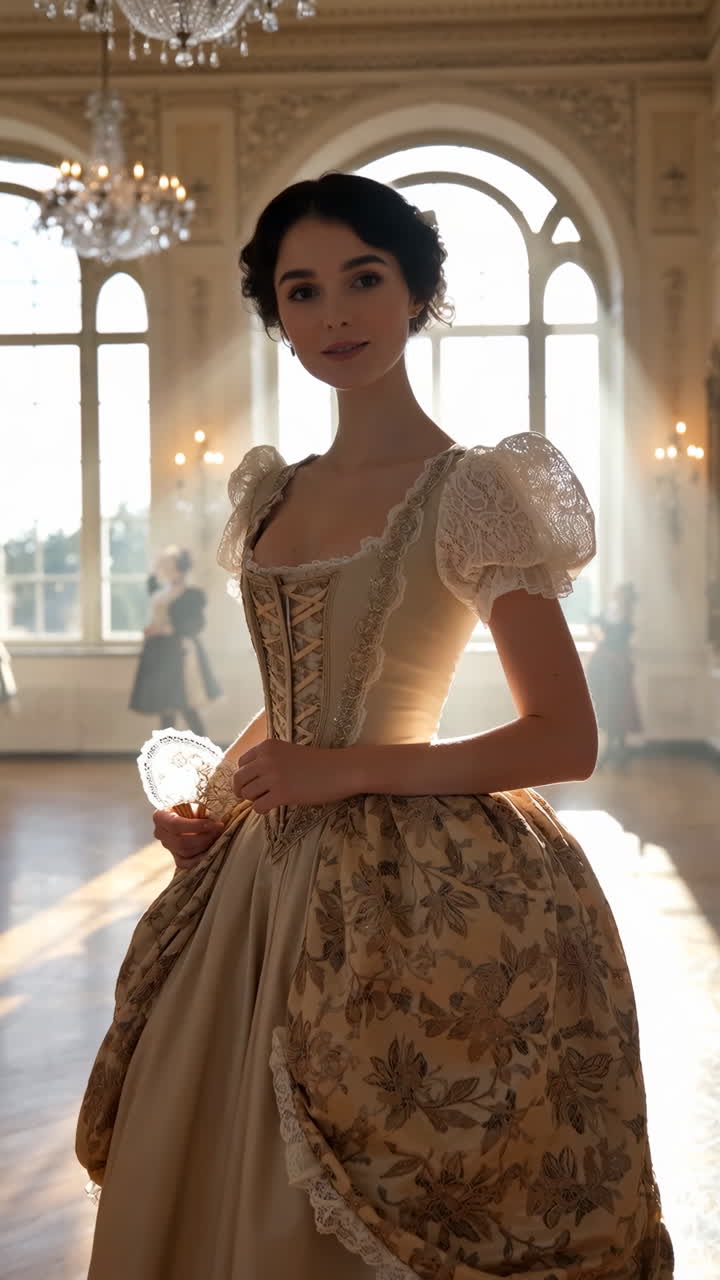 Elegant Woman in Historical Rococo-Inspired Ball Gown in a Grand Hall