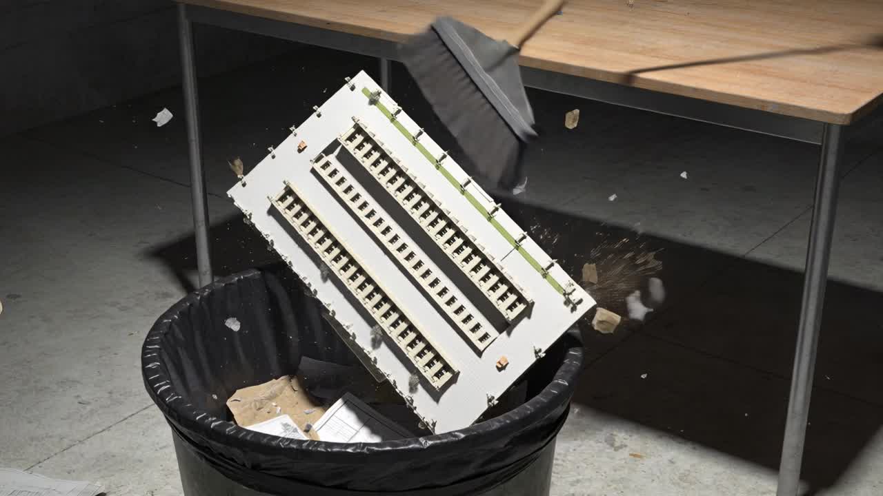 Vertikal video: Kost fejer, skubber modul ned i skraldespand i butik til oprydning, med plads til tekst.