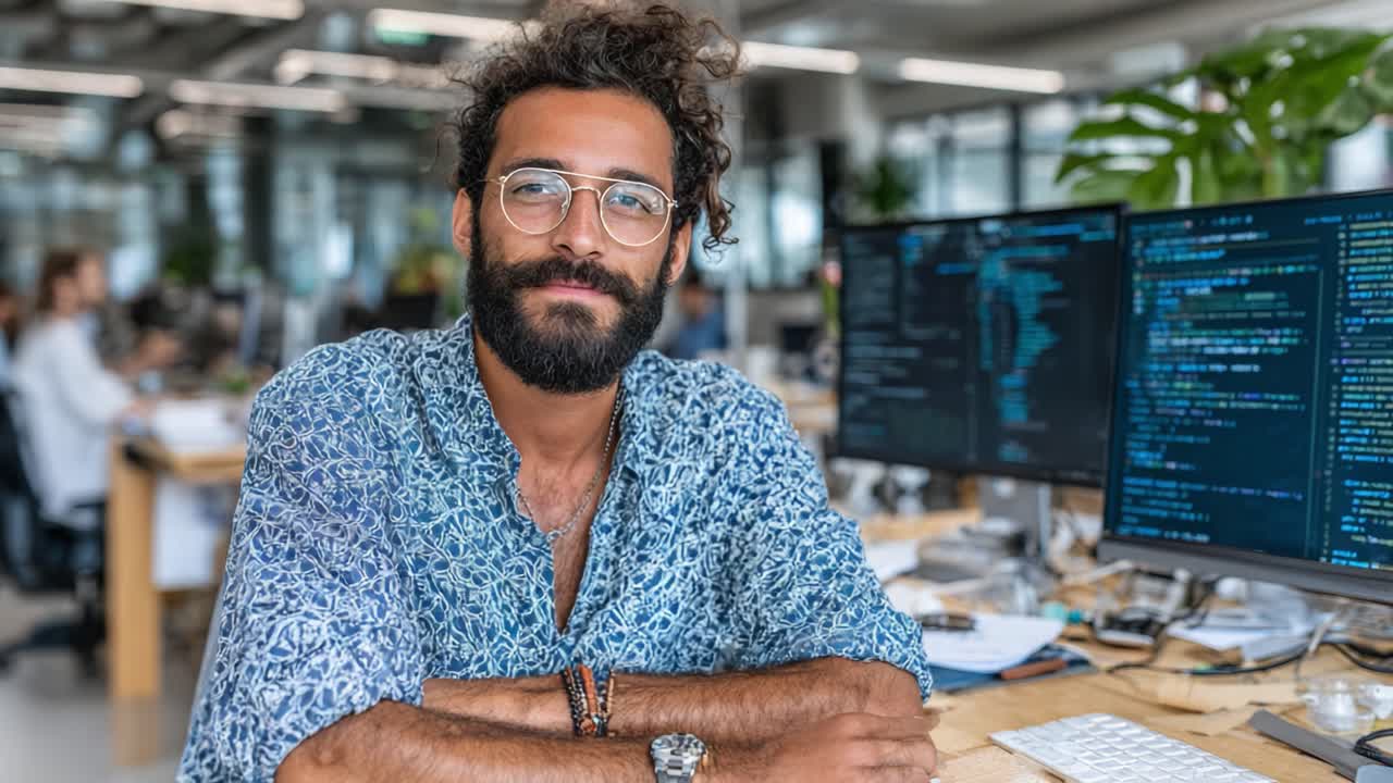 Professional in a Modern Office Setting Engaged with Technology and Coding on Multiple Monitors, Capturing a Productive Work Environment