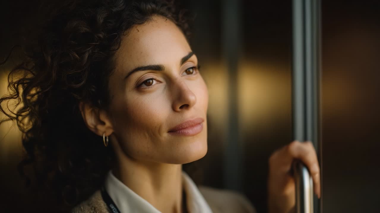 A Tranquil Moment Captured: A Woman with Curly Hair Experiencing Serenity in an Elevator, Embracing Stillness, Reflecting Peace and Calmness Amidst Urban Noise and Distractions