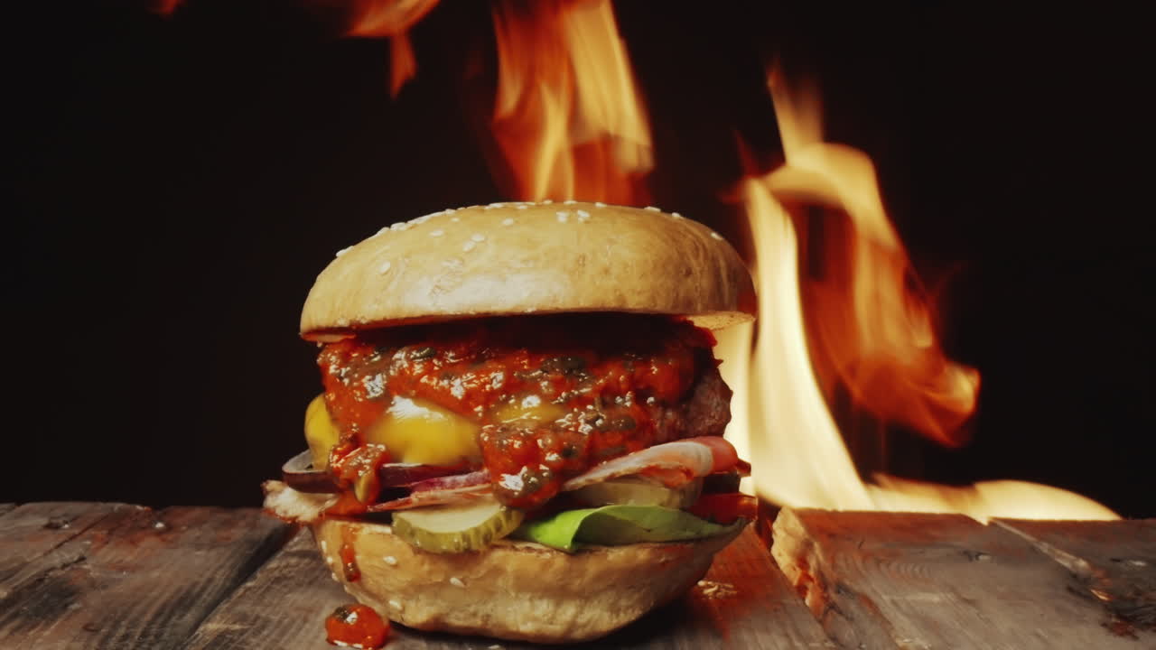 hamburguesa en una mesa de madera con fuego en el fondo