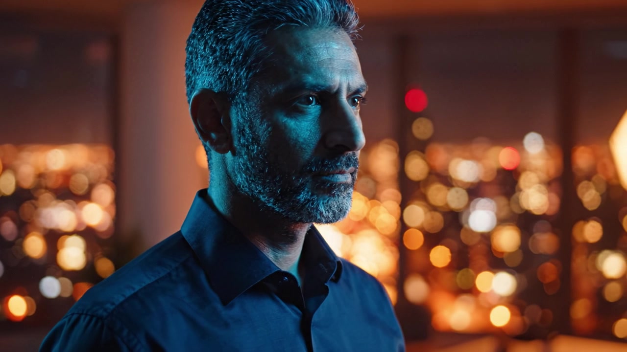 Uomo contemplativo che osserva un paesaggio urbano illuminato dalle luci notturne in un ambiente moderno, riflettendo sulla vita e sulle possibilità future con introspezione.