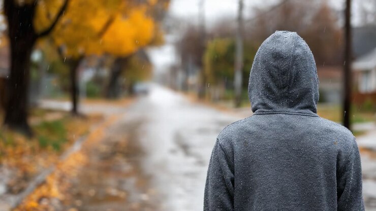 A solitary figure walks down a quiet, rain-soaked street adorned with autumn leaves, capturing a moment of solitude and reflection in a tranquil setting